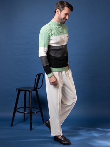 SWAAGLOK - STYLE THAT SPEAKS Men’s Colorblock Mock Neck Sweater | Textured Knit Pullover with Ribbed Hems | Stylish Slim Fit Winter Jumper for Casual & Weekend Wear (in, Alpha, S, Light Green)