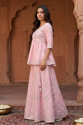 Aurelia Women's Pink Sequins Flared Top with Skirt and Dupatta Set - (AD10765-E609132-XL)