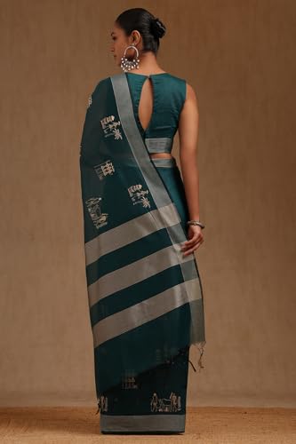 Soch Womens Teal Chanderi Warli Print Saree With Thread Work