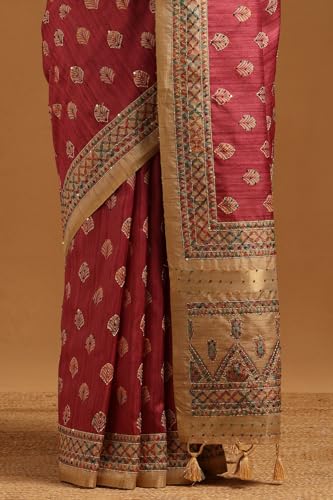 Soch Womens Onion Pink Tussar Botanical Saree With French Knot Details