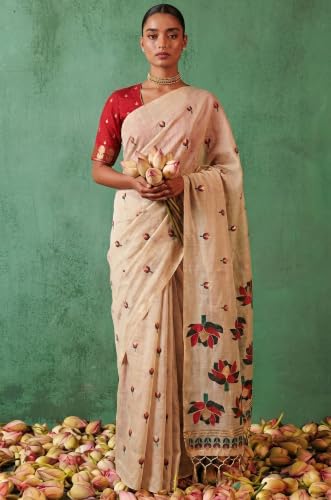 Label Aarna Women's Red-Beige Cotton Saree with Unstitched Blouse Piece | Woven | Floral Design | Traditional Occasion Wear