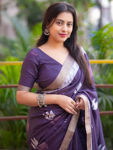 Panzora Women's Lavender Soft Linen Saree With Unstitched Blouse Piece