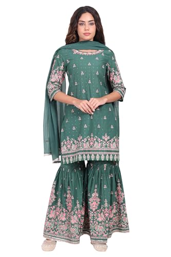 W for Woman Green Floral Printed Cotton Straight Kurta with Sharara and Dupatta Set - (WS13741-127334-L)