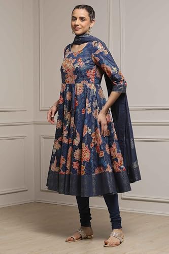 Biba Women Navy Cotton Anarkali Printed Suit Set_42
