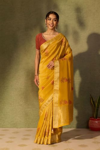 Taneira Yellow Viscose Tissue Embroidered SareeWith Unstitched Blouse(SAPP18AE0730-Yellow)