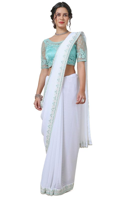 Soch Womens White Striped Georgette Saree