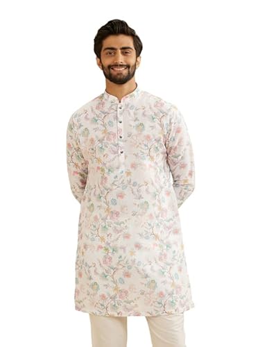 Manyavar Blended Cotton Men's Floral Print Kurta (Cream,XL)