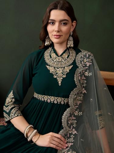 Miss Ethnik Women's Green Faux Georgette Stitched Top With Dupatta Full Sleeve Embroidered Anarkali Gown (MEY-156-Green-XXL)