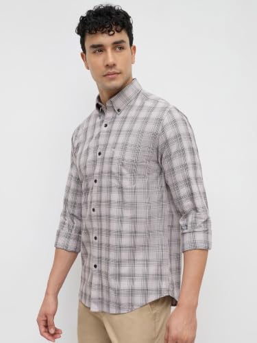 Park Avenue Men Slim Fit Checks Pattern Pure Cotton Button Down Collar Full Sleeve Casual Shirt Grey