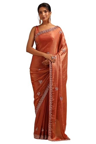 Soch Womens Rust Organza Floral Saree With Beaded