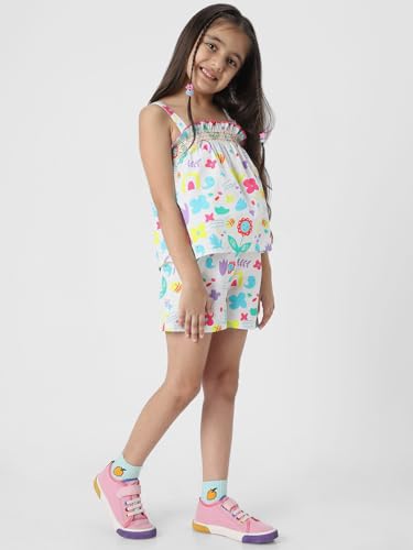 Nauti nati Girls Printed Shoulder Strap Pure Cotton Top with Shorts