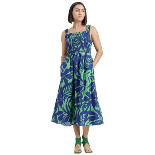 United Colors of Benetton Regular Fit Shoulder Straps Printed Dress (Size : M) - 26P4WVNDR327I902 Blue
