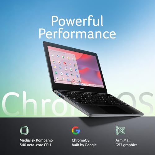 Acer Chromebook, MediaTek Kompanio 540 Octa-Core Processor, 4GB RAM, 64GB eMMC, Full HD, 11.6"/27.94cm Display, Chrome OS, Black, 1.2 KG, C725, Arm Mali G57 Graphics, WiFi 6E Laptop