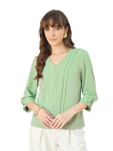Latin Quarters Women's Green 3/4th Sleeves V-Neck Casual Solid Top_XL