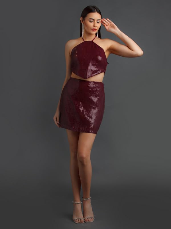 Zink Z Women's Maroon Embellished Fitted Co-Ord Set