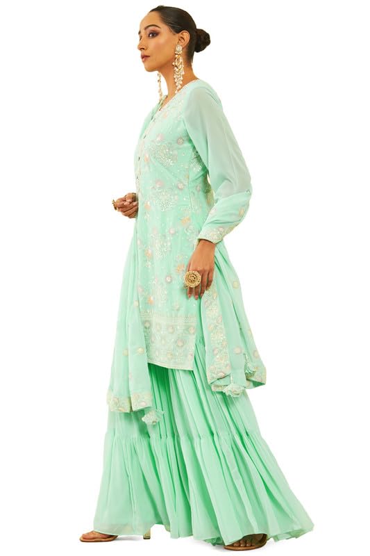 Soch Womens Sea Green Georgette Sequinned Embellished Suit Set with Tie-Ups