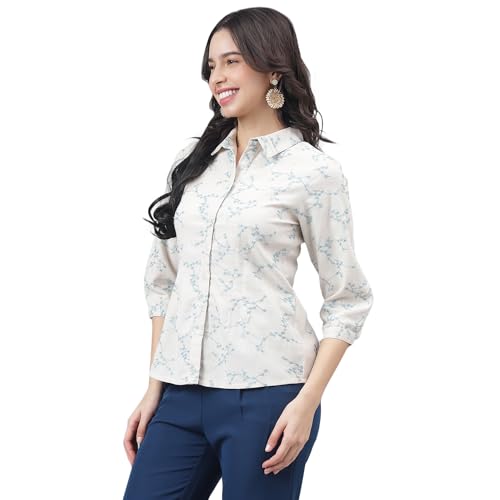 Latin Quarters Women Blue 3/4 Sleeve Shirt Collar Floral Top_XXXL