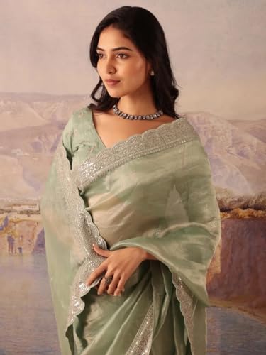 AKHILAM Women's Sea Green Organza Embellished Saree With Unstitched Blouse Piece (BITTI651_JR)