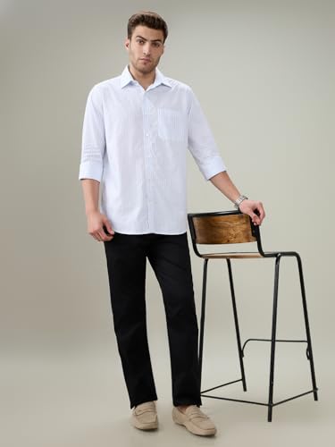 Raymond Men Regular Fit Stripe Pattern Pure Cotton Semi Cutaway Collar Full Sleeve Formal Shirt Blue