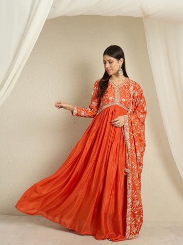 Hoyendiafad Women's Orange Chinon Stitched Gown With Dupatta Full Sleeve Embroidered Anarkali Gown (HFY-1244-Orange-L)