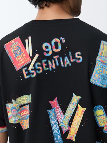 The Souled Store Flashback Fits: 90's Essentials Men and Boys Short Sleeves Round Neck Black Graphic Printed Casual Lightweight Drop Shoulder Streetwear Trendy Oversized T-Shirts