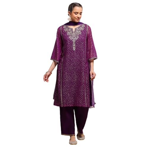 Biba Women Purple Viscose Straight Printed Suit Set_40