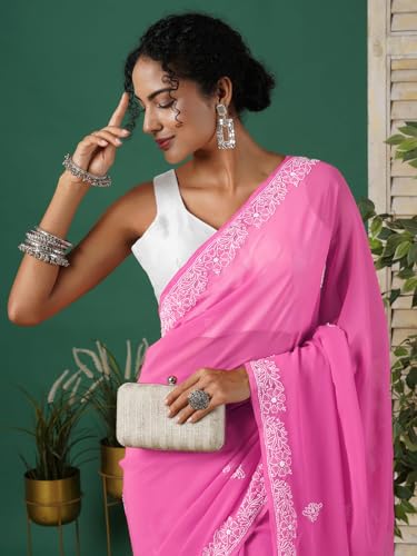 Ada Hand Embroidered Lucknow Chikan Faux Georgette Women's Chikan Saree With Blouse A130252 Pink