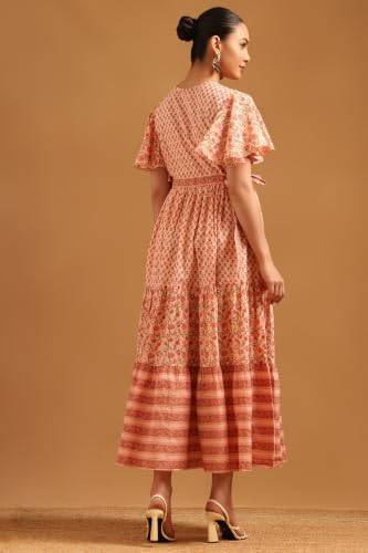 Soch Womens Peach Pure Cotton Botanical Dress with Bead