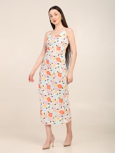 7OUNCE Women's Printed Bodycon Cowl Neck Dress - Adjustable Straps & Side Zipper Closure in Soft Crepe Fabric Multicolour