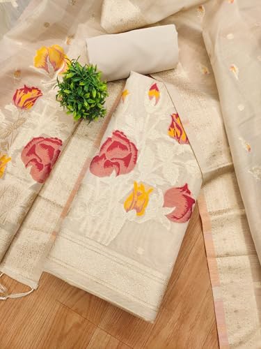 SHANTVAN GALLERY Unstitched Dress Material for Women Cotton Dress Material for Women Tissue Shimmer Top 0.5m Sleeves Semi Cotton Bottom 2.5m Jacquard Dupatta 2.3m Tassels Suit Set - White