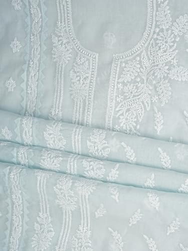 Ada Hand Embroidered Lucknowi Chikankari Unstitched Cotton Dress Material Suit Piece with Dupatta for Women 01A871569 Sky Blue