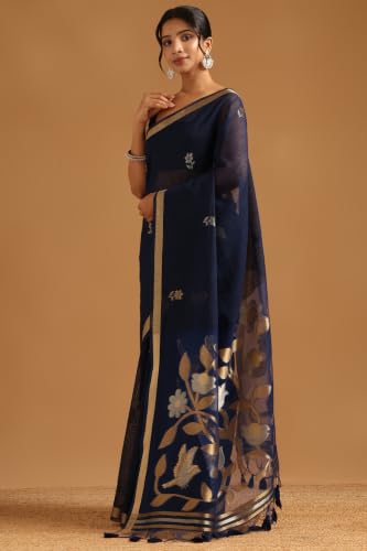 Soch Womens Navy Blue Organza Botanical Zari Woven Saree