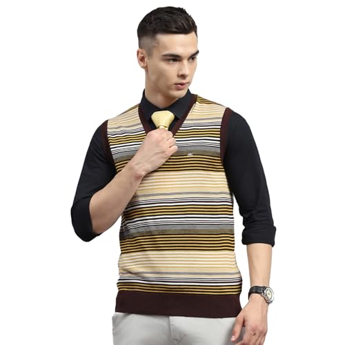 Monte Carlo Mens Yellow & Brown Striped V Neck Sleeveless Sweater (1239371SL-2-42)