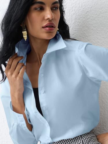 The Souled Store Classic Solids: Baby Blue Women and Girls Full Length Sleeves Collared Light Blue Solid Cotton Regular Fit Breathable Lightweight Everyday All-Season Button Down Shirt