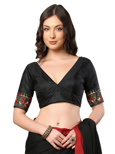 S SALWAR STUDIO Black V- Neck Katha Stitch Silk Readymade Saree Blouse