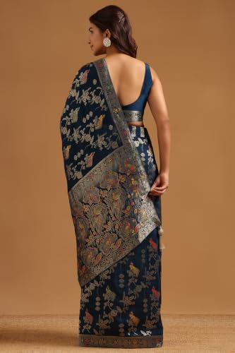 Soch Womens Navy Blue Crepe Bird Motifs Zari Woven Saree