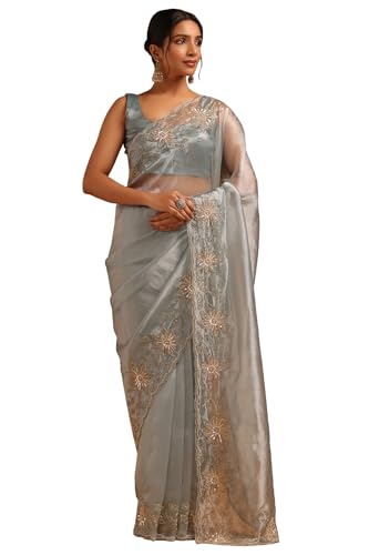 Soch Womens Blue Organza Floral Saree With Cutdana