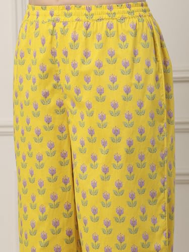BIBA Women Yellow Cotton Kalidar Suit Set_32