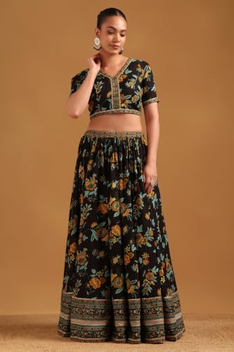Soch Womens Black Cotton Botanical Lehenga Choli Set With Gotta Patti