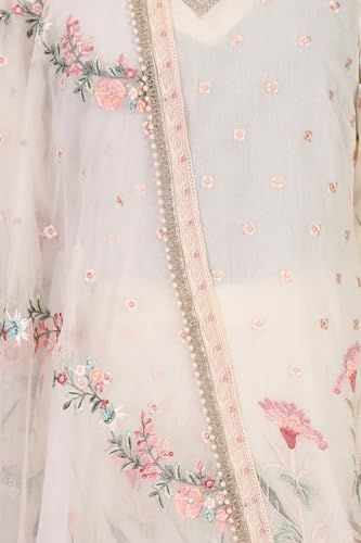 Wishful Women's Off White Thread Embroidered Chanderi Straight Kurta with Sharara and Dupatta Set - (SP13782-400520-M)
