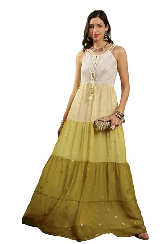 LYMI LABEL Gown for Women - Georgette Sequins Floral Embroidered Frilled Flared A-Line Ethnic Kurta Dress