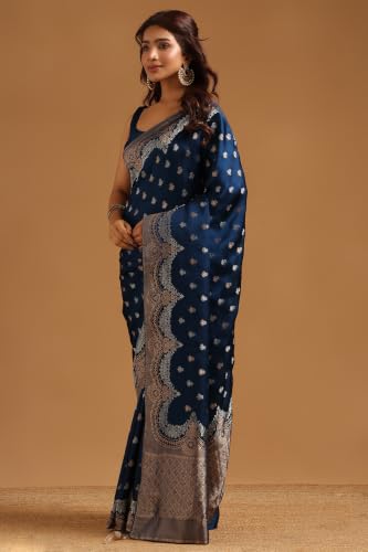 Soch Womens Navy Blue Satin Zari Woven Saree