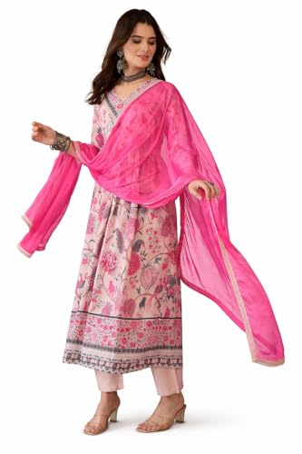 VARNI FABRIC Cotton Lining Kurta Set for Women | 3/4 Sleeves Floral Printed Woman Salwar Suit with Pant & Dupatta | Festive Wedding Ethnic Wear | Prefect for Office Summer | Cream | L