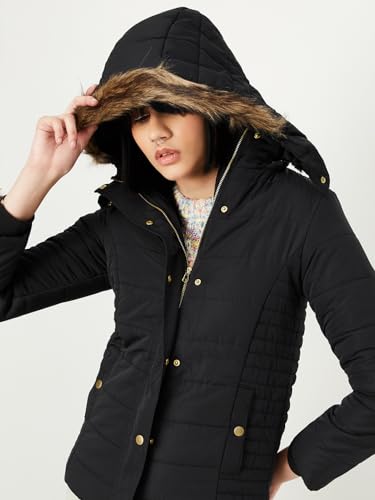 Max Women Quilted Puffer Jacket with Fur Hood (W23HWJ04BLACK)_S