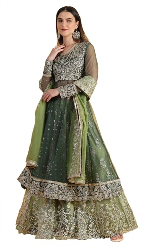 Wishful Women's Green Metallic Embroidery Mesh Flared Kurta & Skirt with Dupatta Set (Size: 3XL)-24AUSP11985-125144