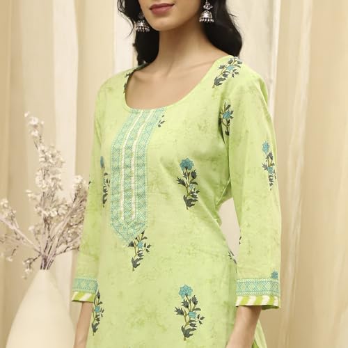 BIBA Women Lime Green Cotton Screen Print Unstitched Suit Set_FREE SIZE