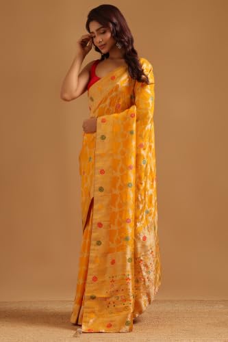 Soch Womens Yellow Crepe Floral Zari Woven Saree