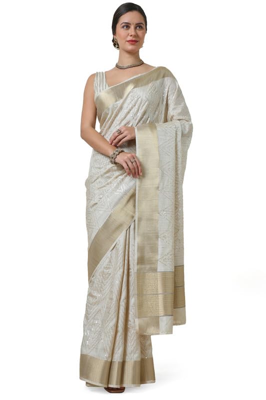 Soch Womens Beige Embroidered Tussar Saree With Sequins