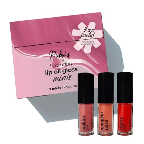 Ruby's Organics Lip Kit Glossy Finish, Lip Oil Gloss Minis Sunrise,Hydrating, Non Sticky & Non Drying Formula,Long Lasting Moisturizing Effect (Pack of 3) - Malibu, Pumpkin Spice and Cherry Shades