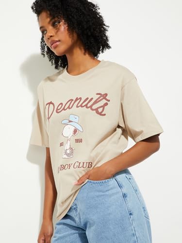 Max URB_N Women Peanut Snoopy Print Oversized T-Shirt (Beige_XS)